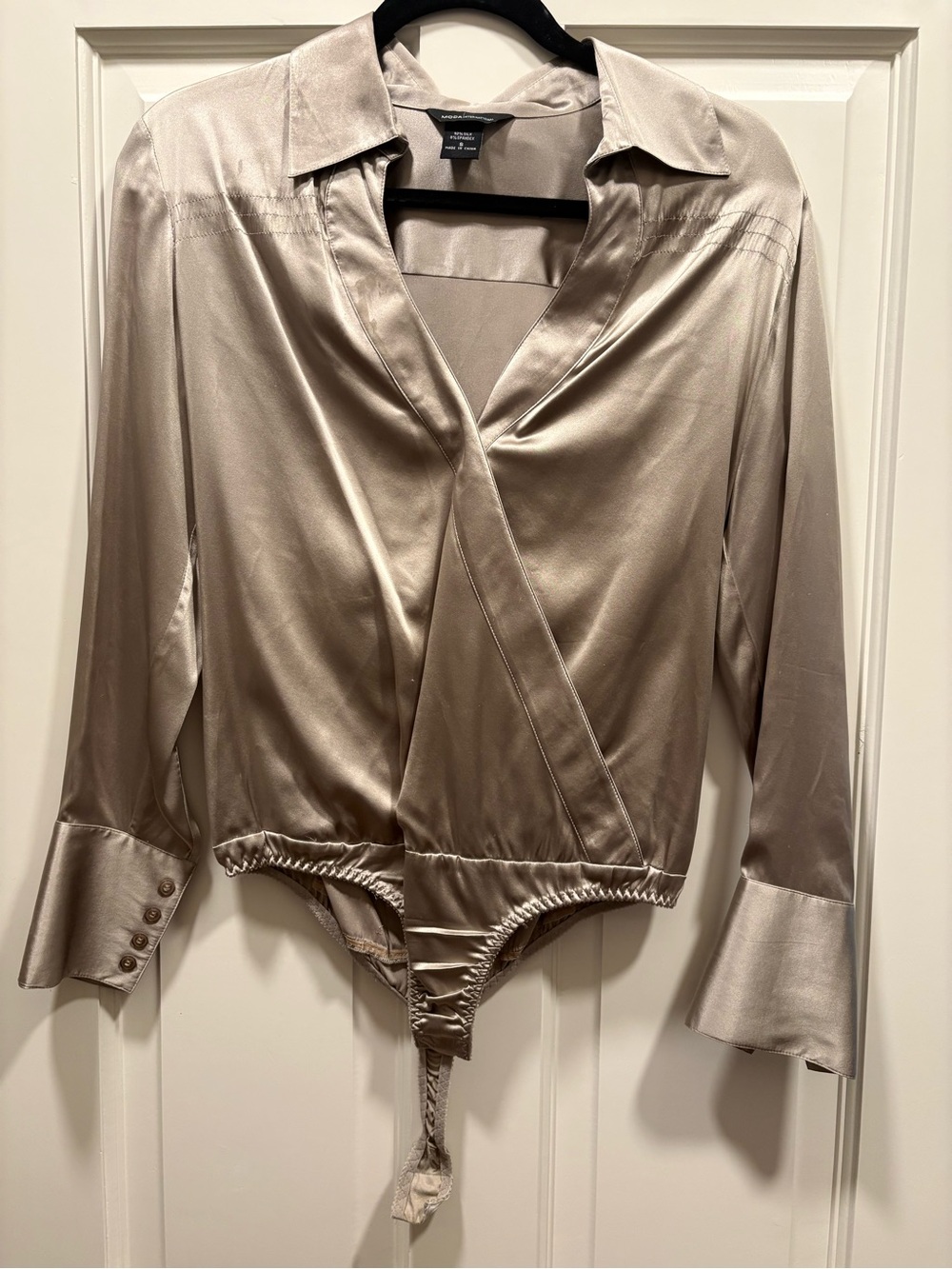 Satin Surplice Bodysuit Top in Light Taupe